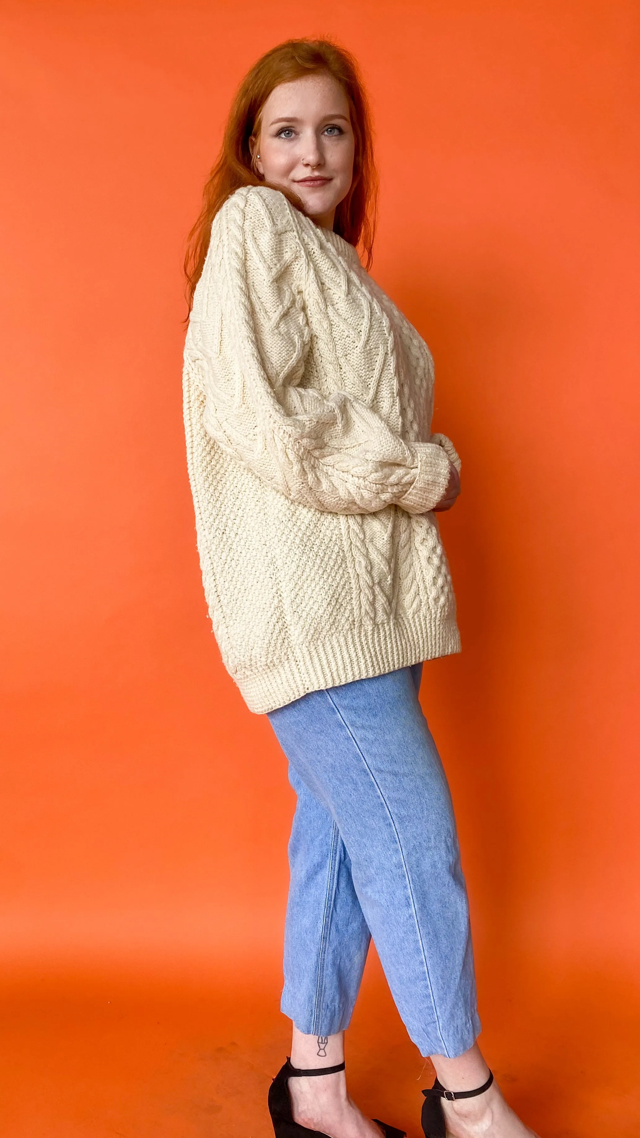 1990s Cream Cable Knit Sweater, sz. 2X-3X