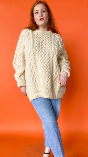 1990s Cream Cable Knit Sweater, sz. 2X-3X