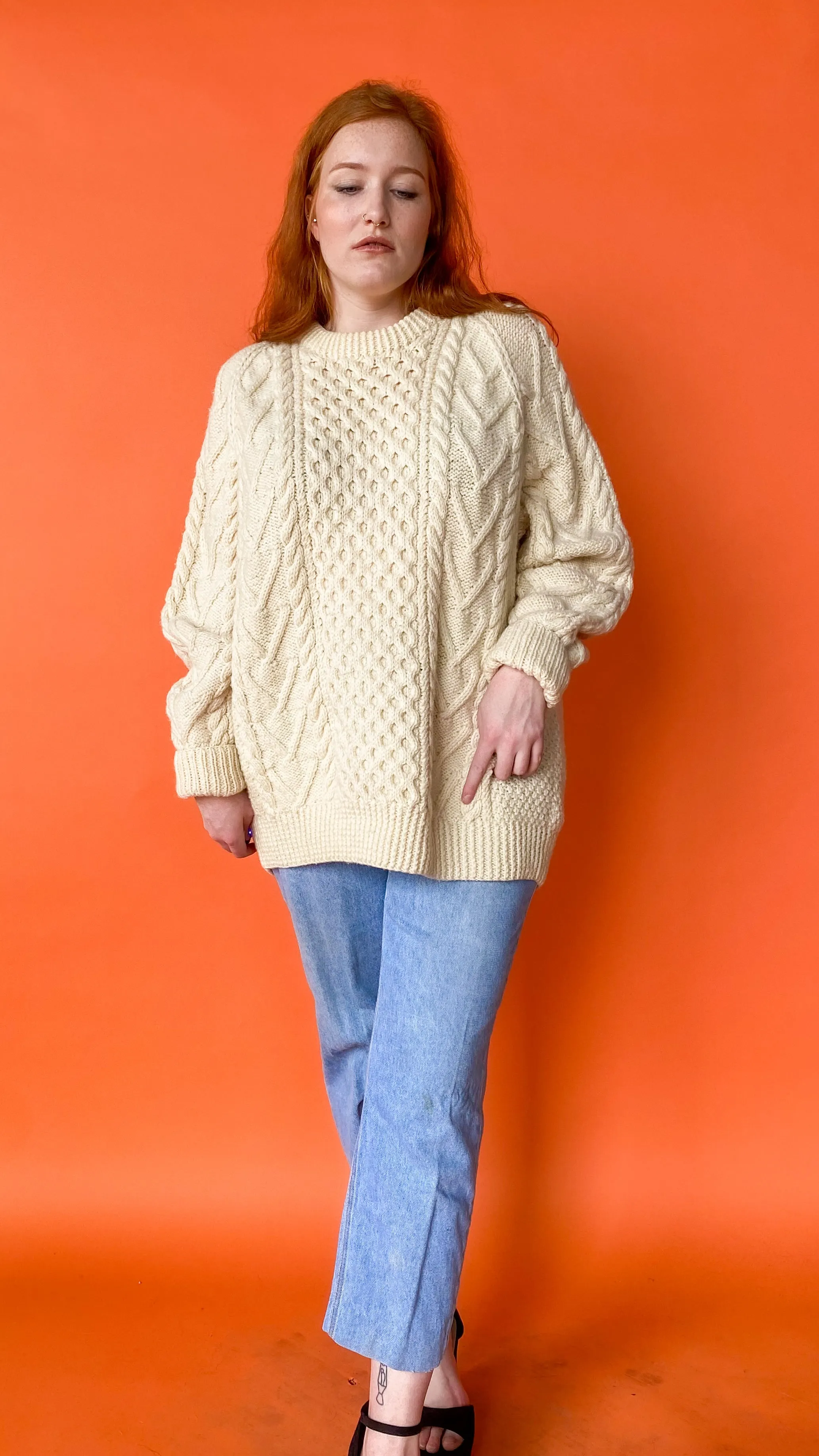 1990s Cream Cable Knit Sweater, sz. 2X-3X