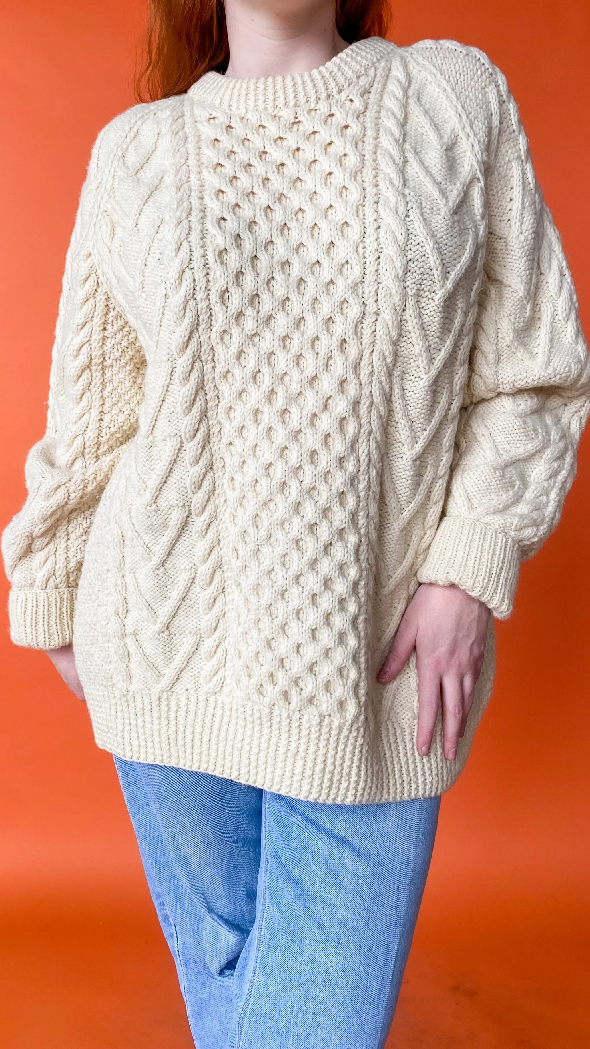 1990s Cream Cable Knit Sweater, sz. 2X-3X