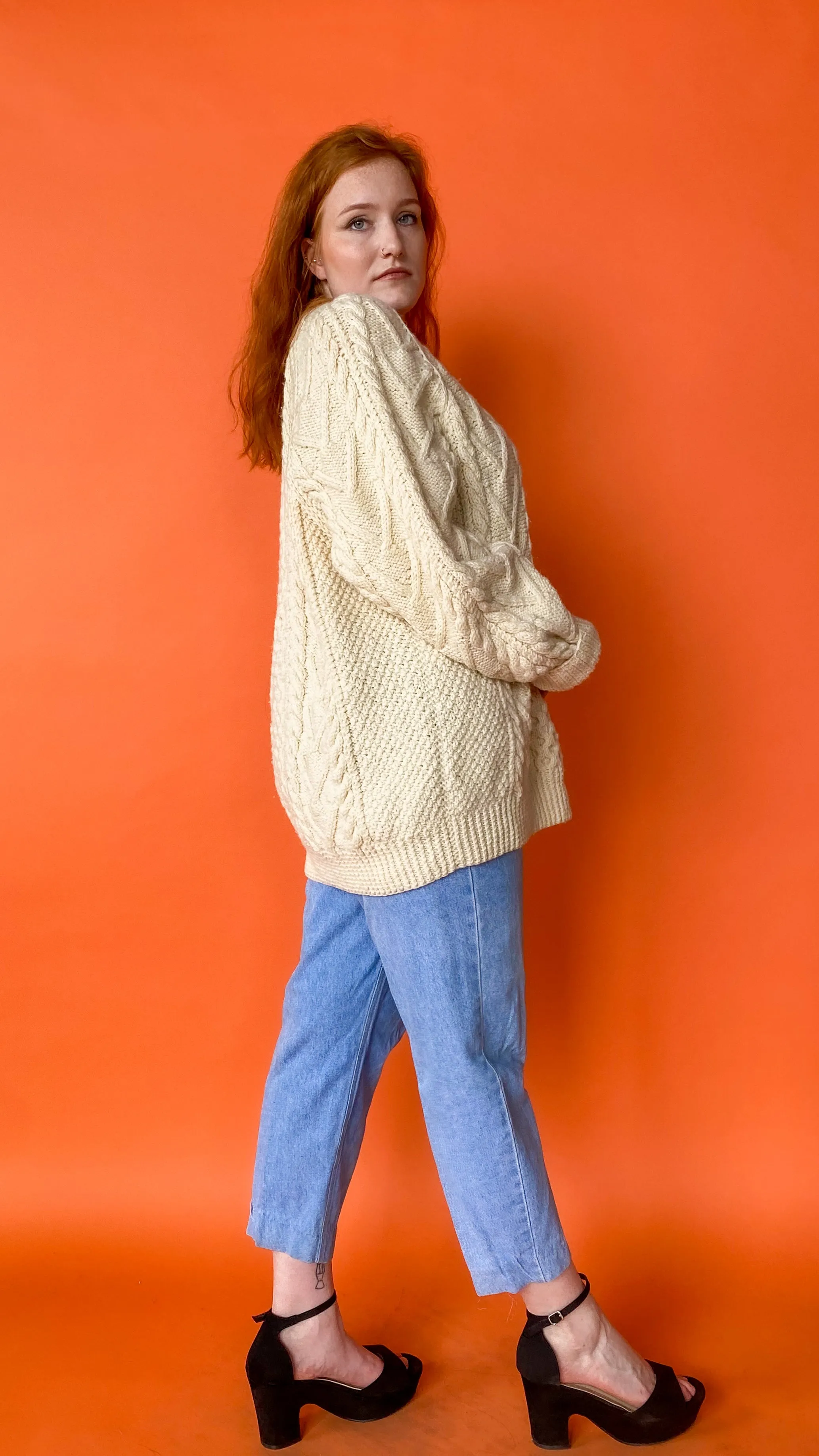1990s Cream Cable Knit Sweater, sz. 2X-3X