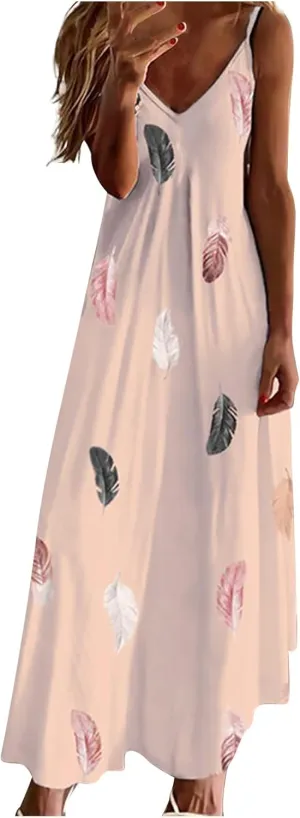 2024 Clothes Women Women 's Summer Spaghetti Strap Elegant Long Dresses Plus Size Vacation Flowy Beach Dress Loose Floor Length Dress Elegant Dresses for Women Orange M
