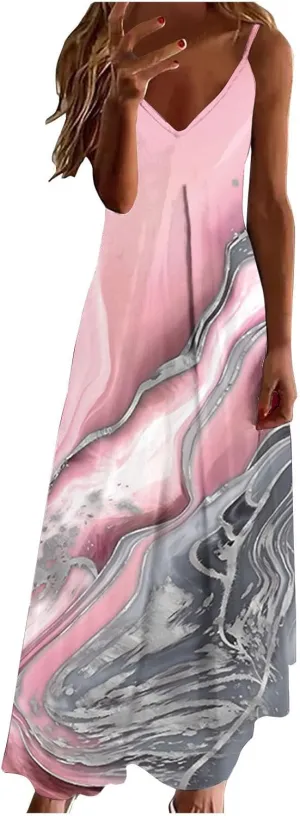 2024 Women 's Summer Spaghetti Strap Elegant Long Dresses Plus Size Vacation Flowy Beach Dress Loose Floor Length Dress Spring Dresses for Women 2024 Pink L