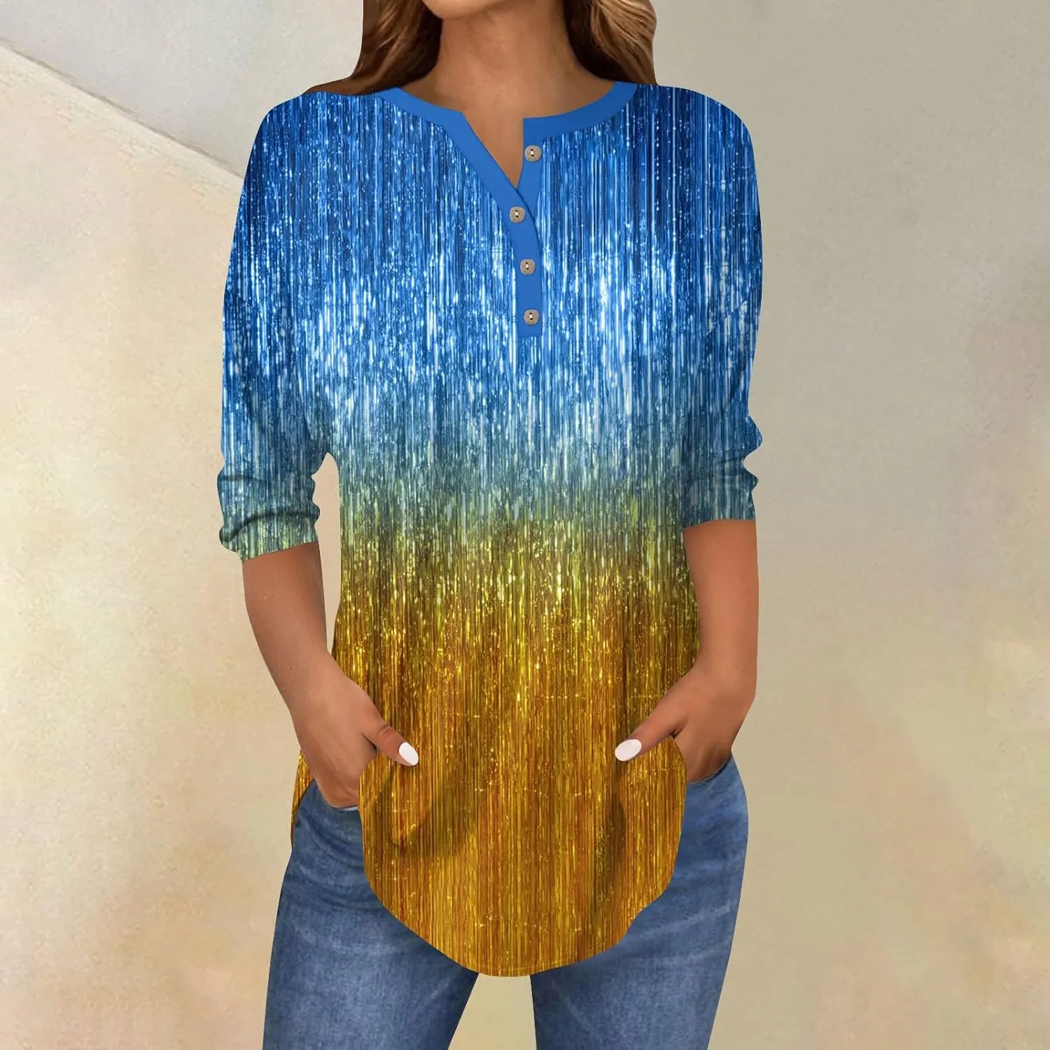 3/4 Length Sleeve Henley Shirts For Women Henley Spring Button Down Tops Baggy V Neck Blouses