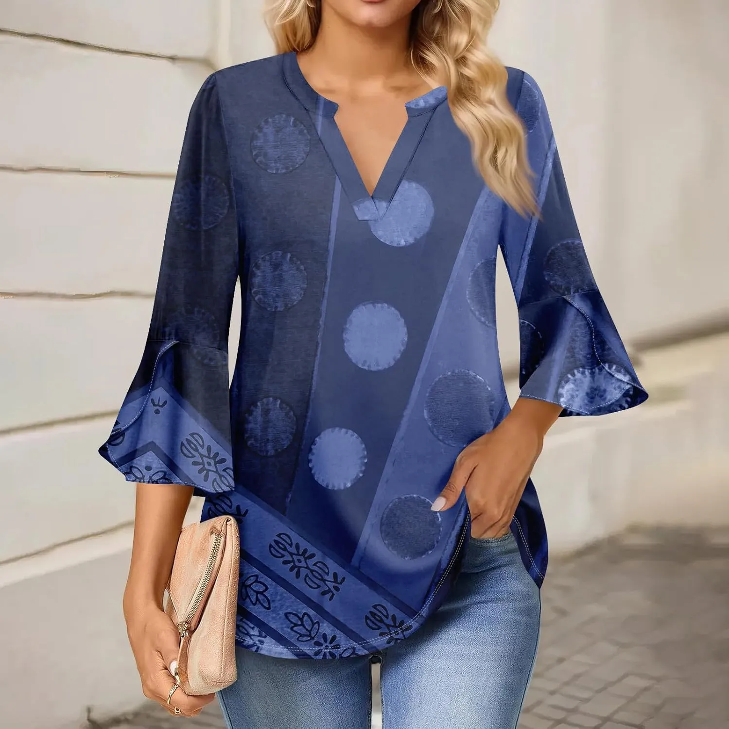 3/4 Length Sleeve Womens Tops V Neck Spring Outfits 2025 Trendy Petal Bell Sleeve Fitted Tunics Tops Shirts
