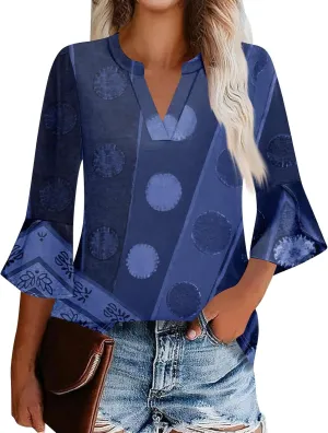 3/4 Length Sleeve Womens Tops V Neck Spring Outfits 2025 Trendy Petal Bell Sleeve Fitted Tunics Tops Shirts