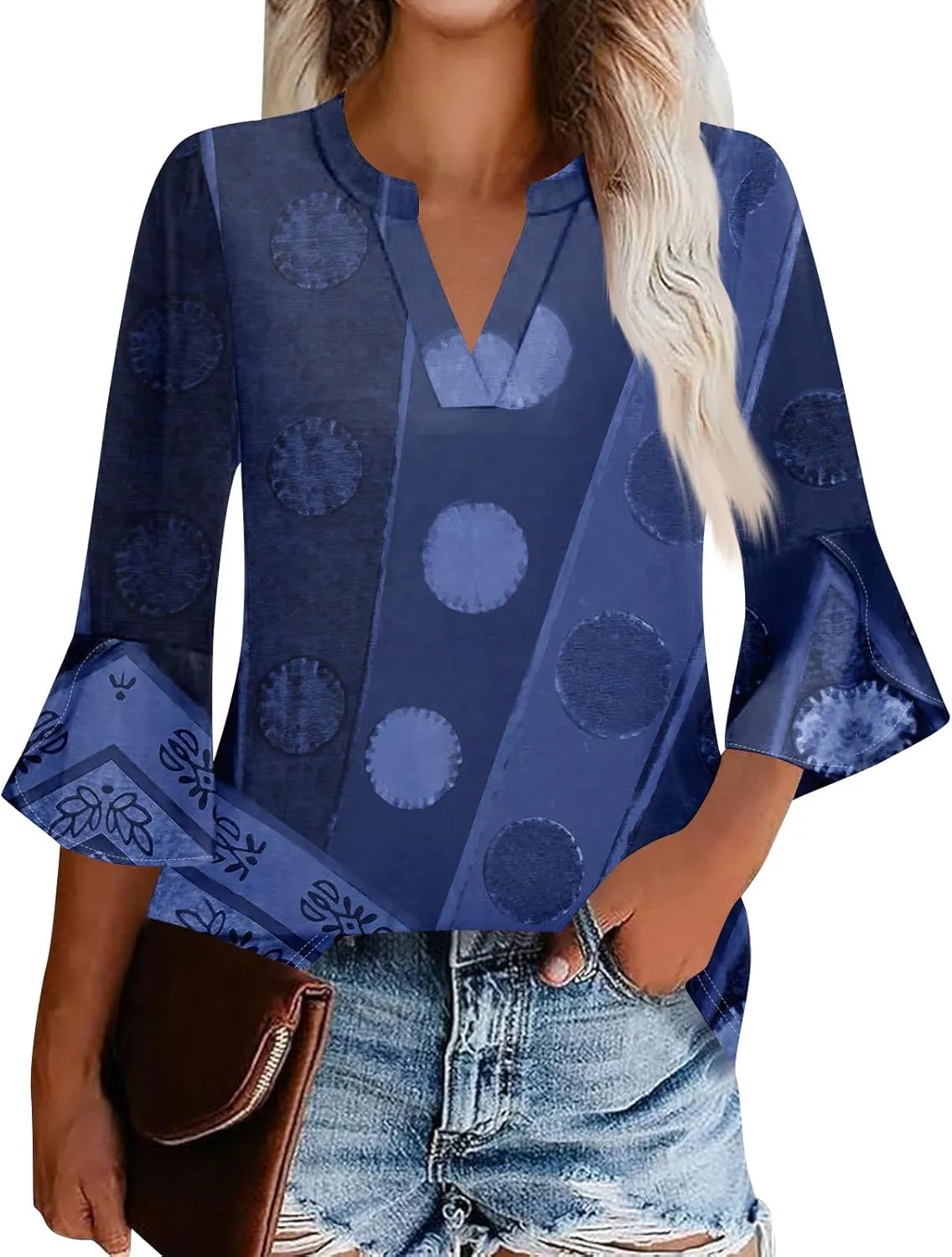 3/4 Length Sleeve Womens Tops V Neck Spring Outfits 2025 Trendy Petal Bell Sleeve Fitted Tunics Tops Shirts