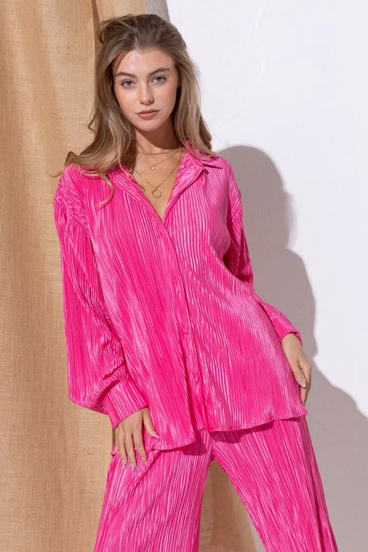 Accordion Pleat Button Blouse Pant Lounge Set Hot Pink