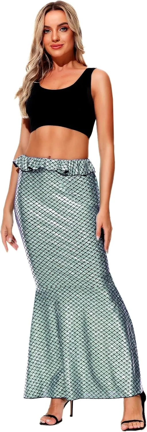 AOBUTE Women Mermaid Costume Skirt Shiny Maxi Fish Skirts Halloween Cosplay Outfits