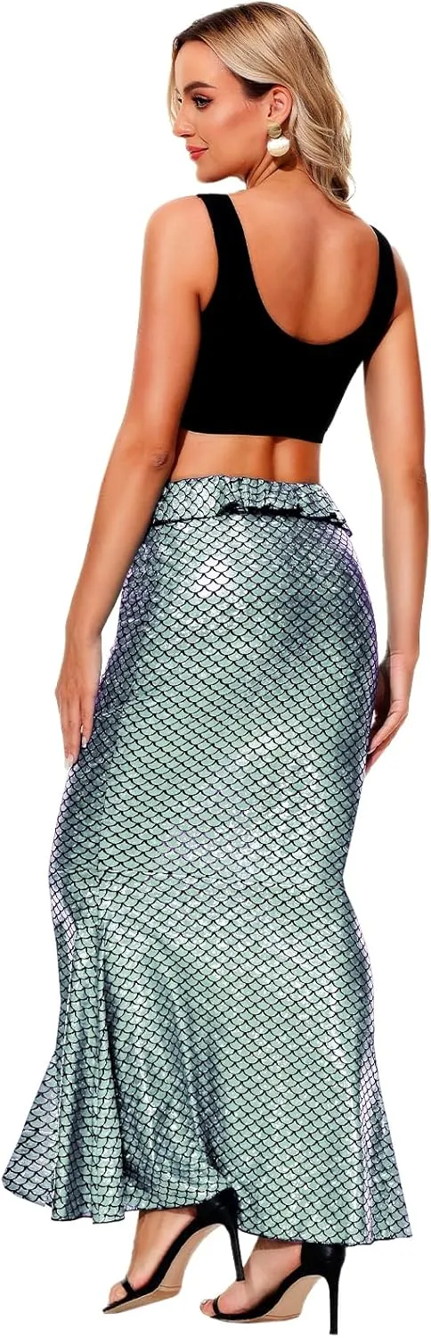 AOBUTE Women Mermaid Costume Skirt Shiny Maxi Fish Skirts Halloween Cosplay Outfits