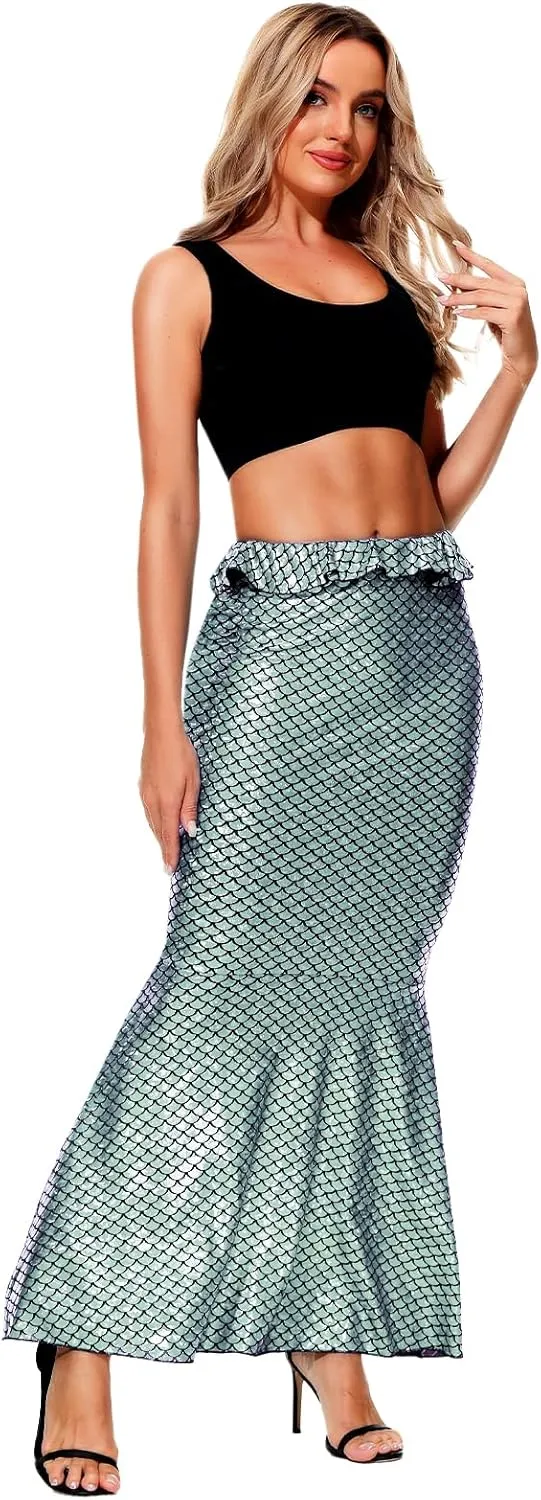 AOBUTE Women Mermaid Costume Skirt Shiny Maxi Fish Skirts Halloween Cosplay Outfits