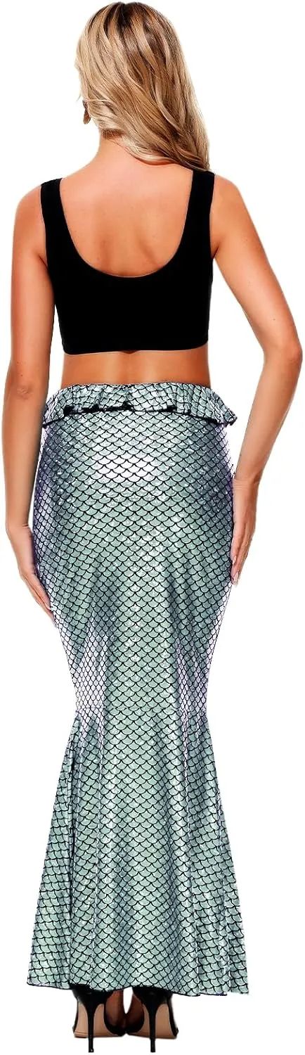 AOBUTE Women Mermaid Costume Skirt Shiny Maxi Fish Skirts Halloween Cosplay Outfits