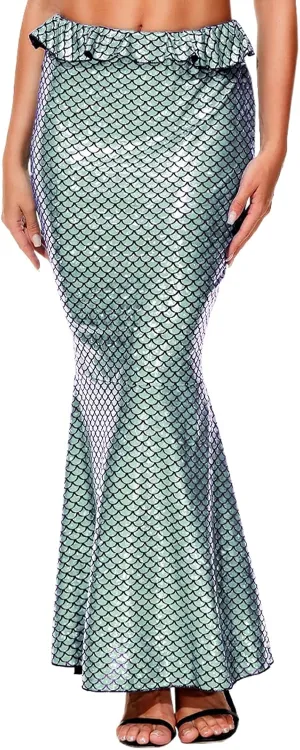 AOBUTE Women Mermaid Costume Skirt Shiny Maxi Fish Skirts Halloween Cosplay Outfits