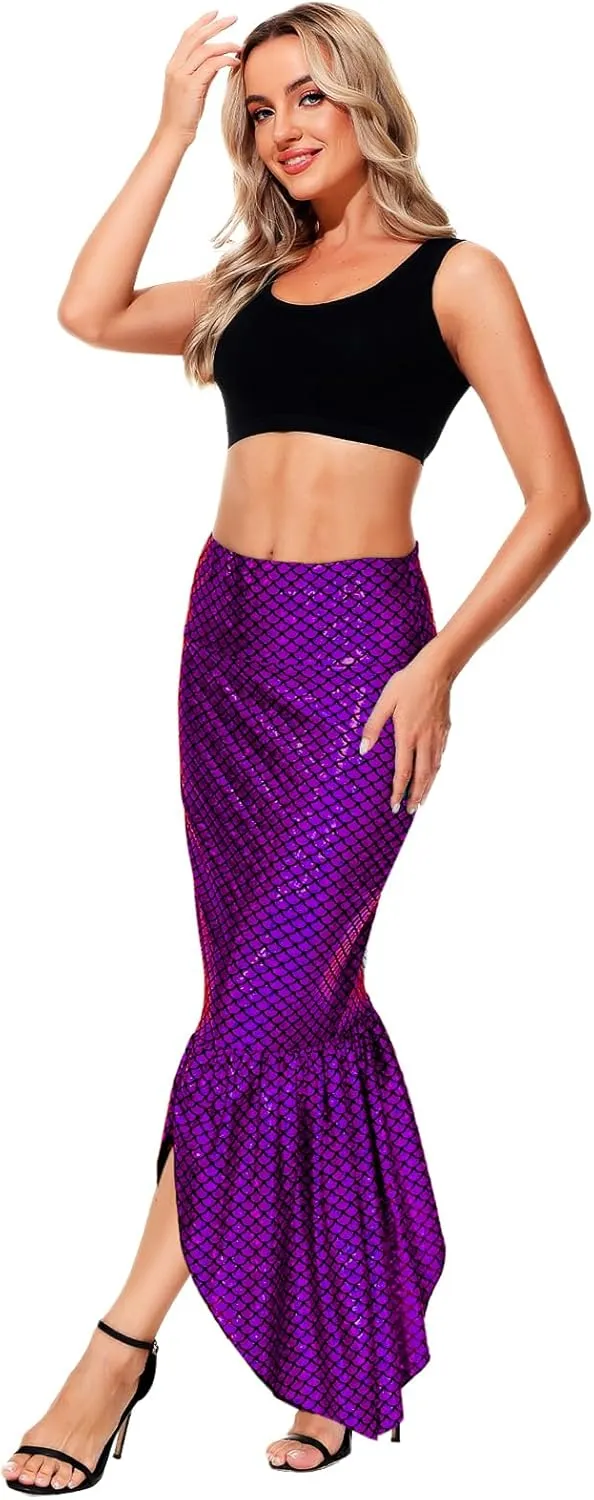 AOBUTE Women Mermaid Costume Skirt Shiny Maxi Fish Skirts Halloween Cosplay Outfits