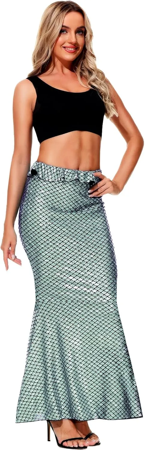AOBUTE Women Mermaid Costume Skirt Shiny Maxi Fish Skirts Halloween Cosplay Outfits
