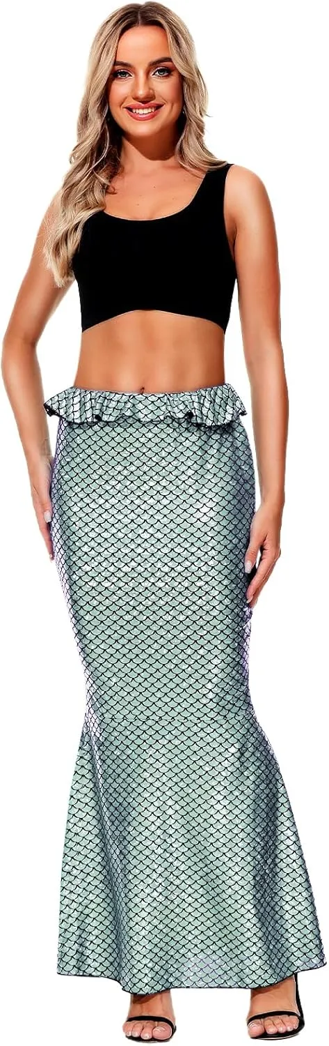 AOBUTE Women Mermaid Costume Skirt Shiny Maxi Fish Skirts Halloween Cosplay Outfits