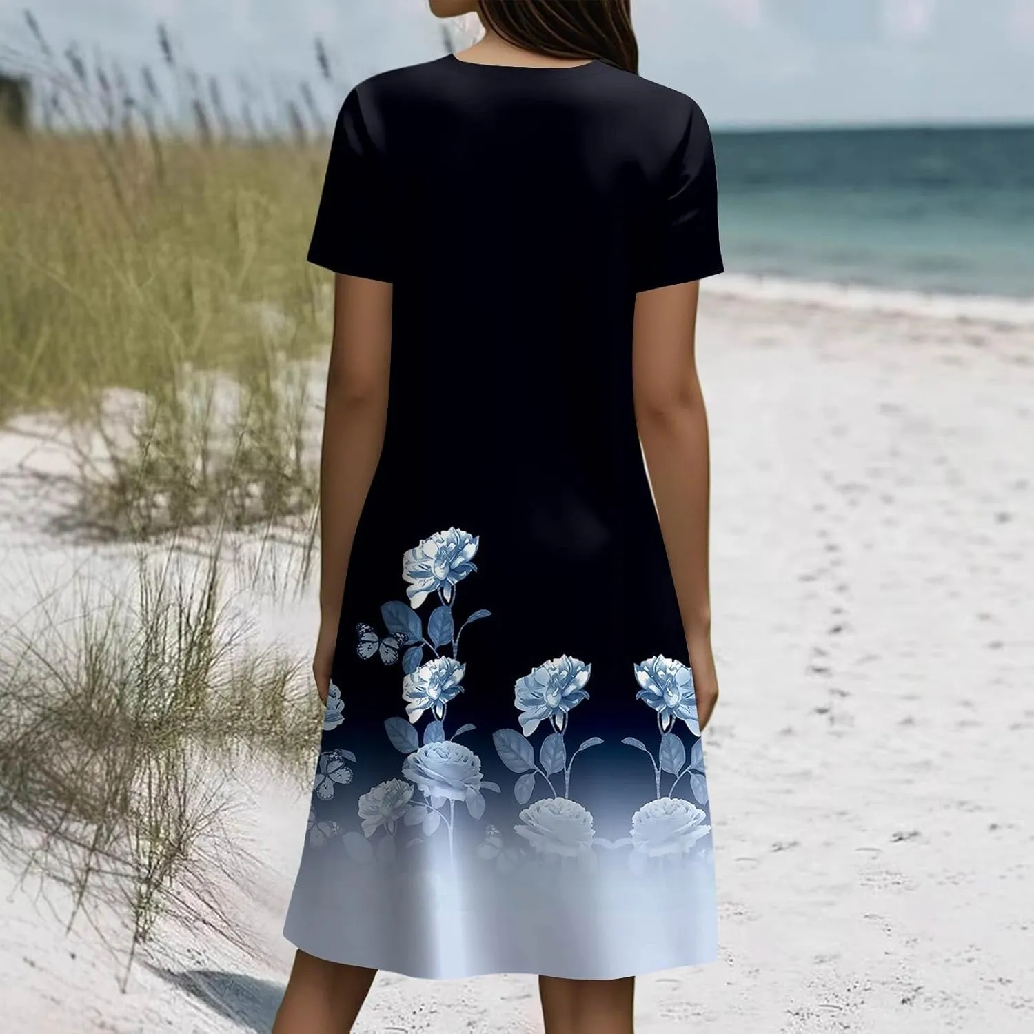 Boho Dresses for Women 2025 Summer Beach Vacation Floral Dress Flowy Elegant Short Sleeve Crewneck Sundresses