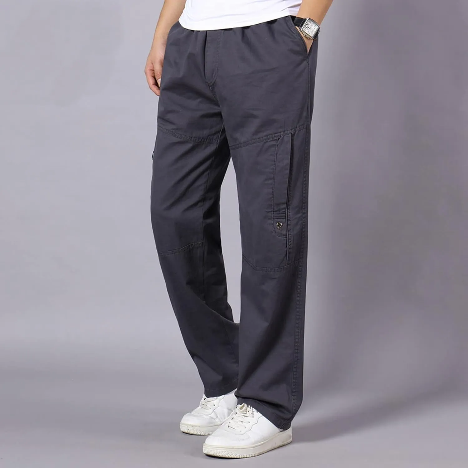Cargo Pants for Men Relaxed Fit Elastic Waist Trouser Work Wear Combat Fitness Drawstring Pocket Rope Loose Sweatpant
