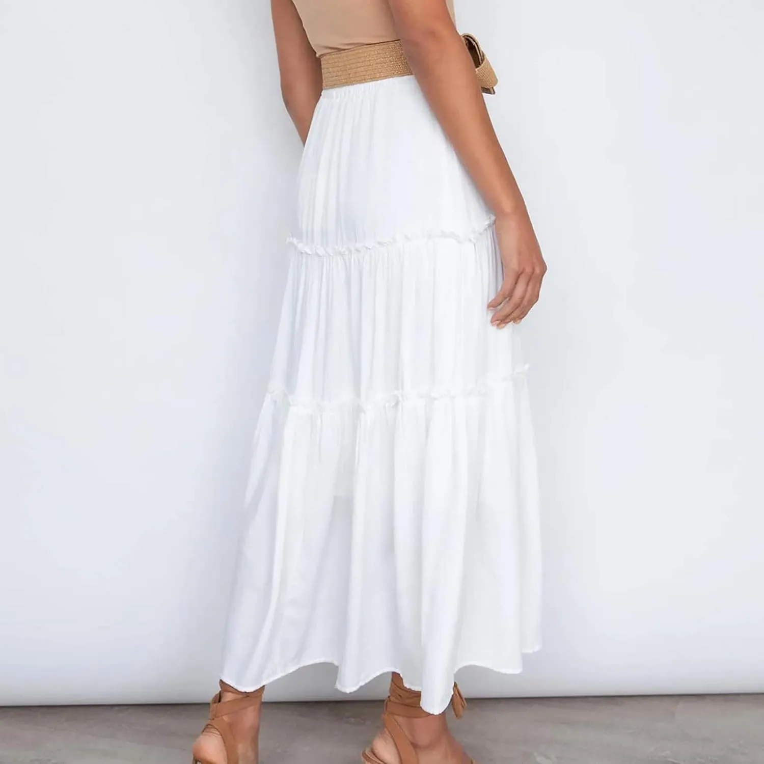 Casual Skirts for Women Midi Solid Ruffle Hem Elastic Band Skirt Pleated Going Out Elegant Skirts Versatile Style