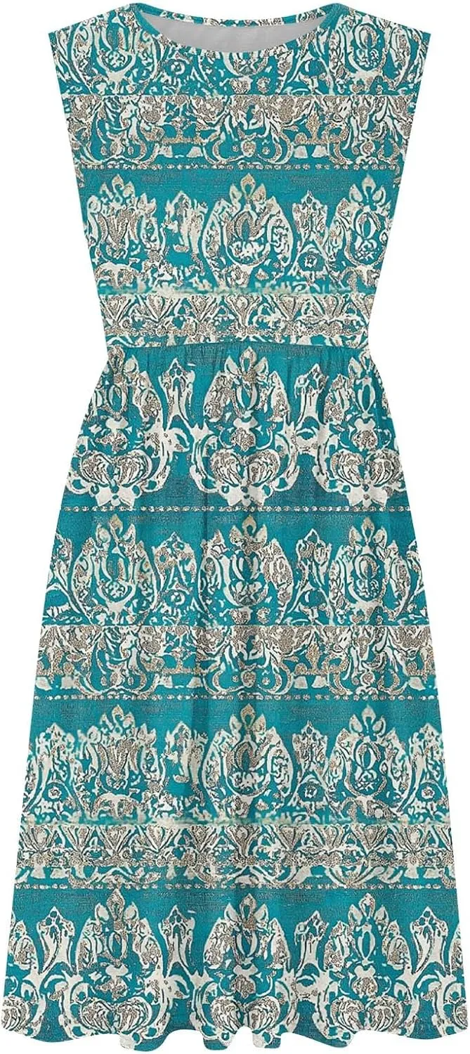 Casual Summer Dresses for Women Sleeveless Floral Midi Dress Ruffle Hem Crew Neck Dress Business Casual Outfits