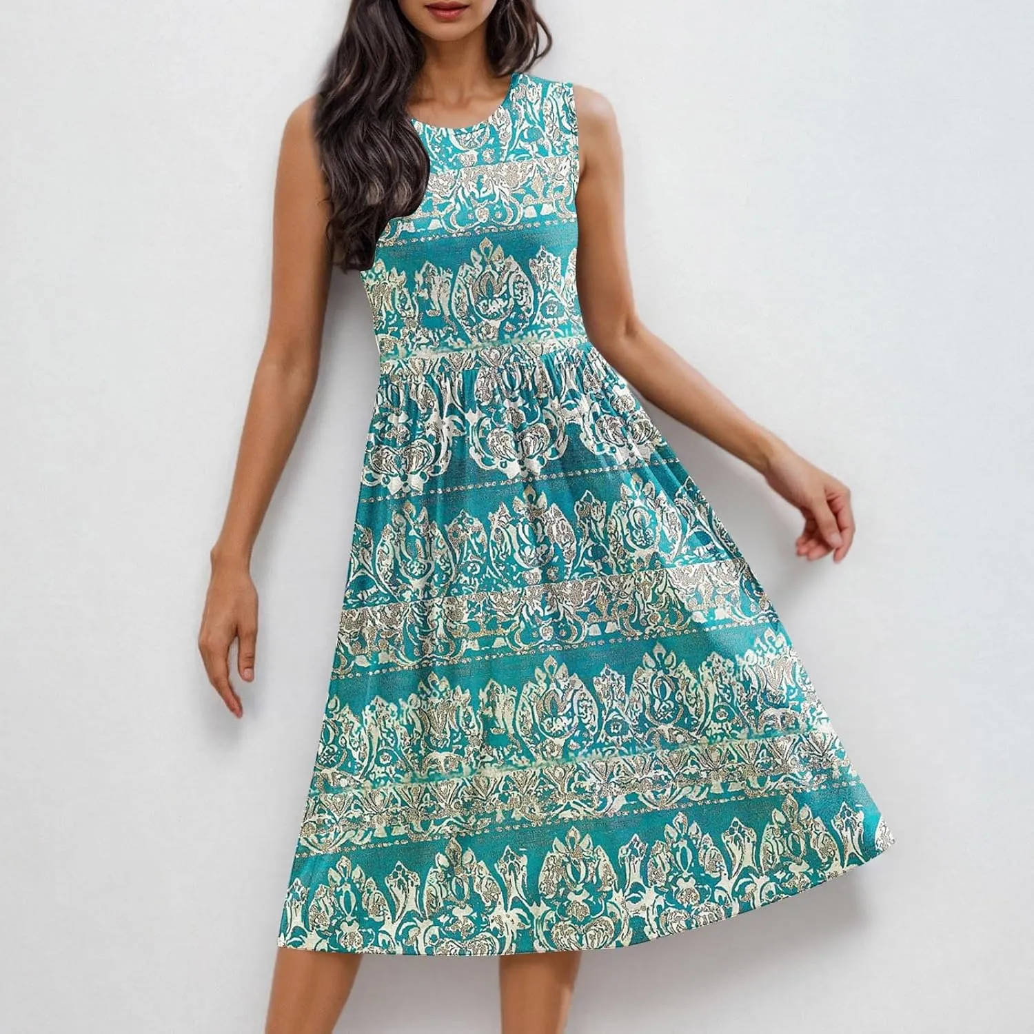 Casual Summer Dresses for Women Sleeveless Floral Midi Dress Ruffle Hem Crew Neck Dress Business Casual Outfits