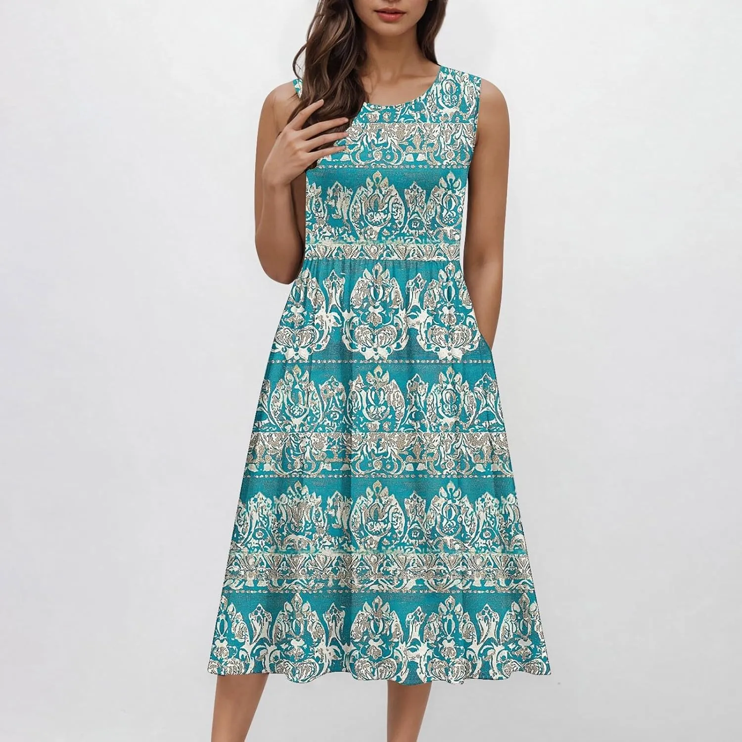 Casual Summer Dresses for Women Sleeveless Floral Midi Dress Ruffle Hem Crew Neck Dress Business Casual Outfits