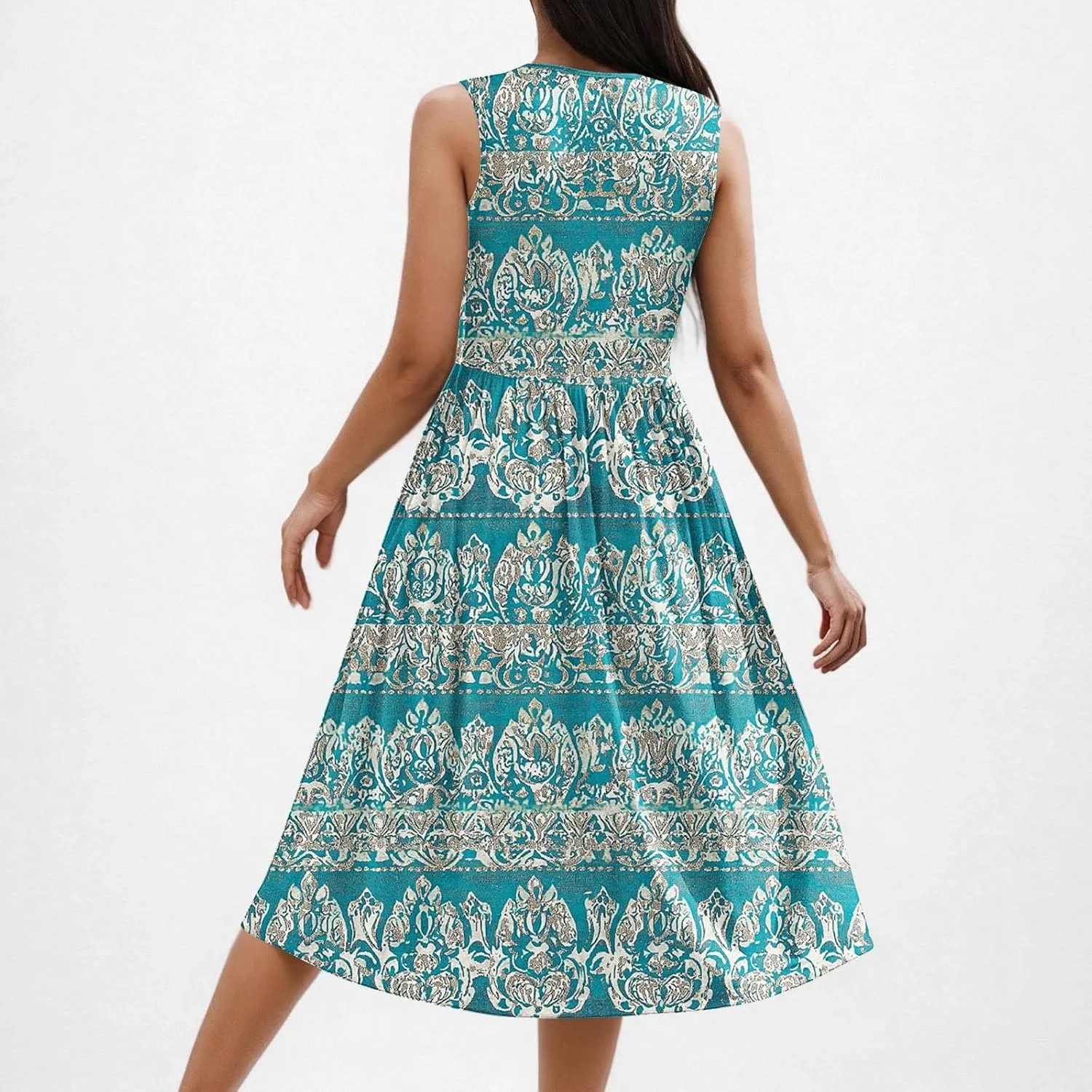 Casual Summer Dresses for Women Sleeveless Floral Midi Dress Ruffle Hem Crew Neck Dress Business Casual Outfits