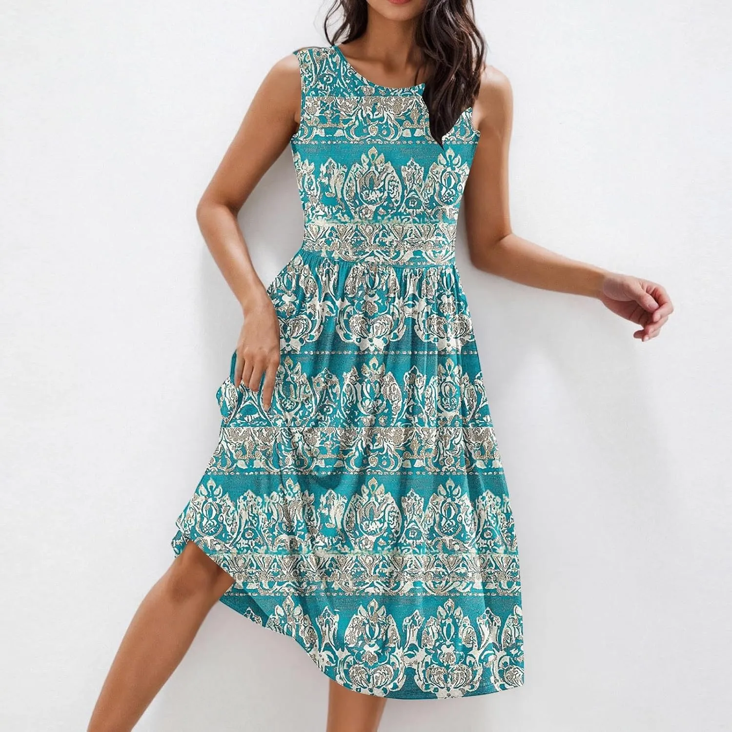Casual Summer Dresses for Women Sleeveless Floral Midi Dress Ruffle Hem Crew Neck Dress Business Casual Outfits