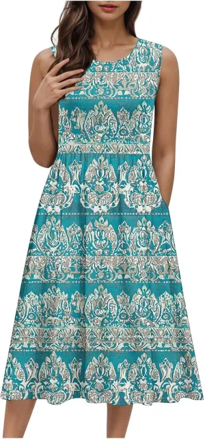 Casual Summer Dresses for Women Sleeveless Floral Midi Dress Ruffle Hem Crew Neck Dress Business Casual Outfits