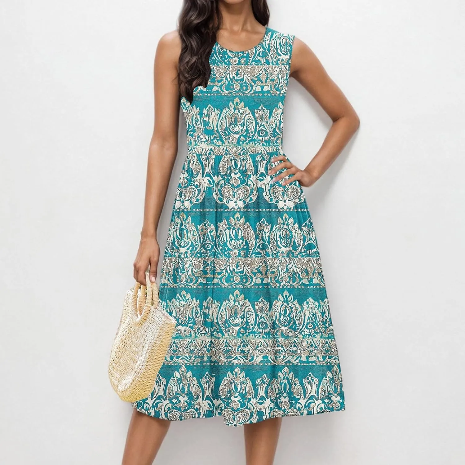 Casual Summer Dresses for Women Sleeveless Floral Midi Dress Ruffle Hem Crew Neck Dress Business Casual Outfits