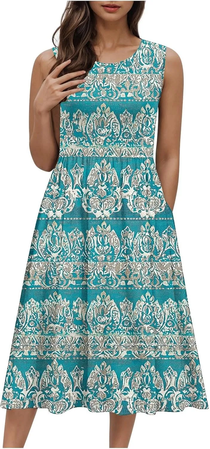Casual Summer Dresses for Women Sleeveless Floral Midi Dress Ruffle Hem Crew Neck Dress Business Casual Outfits