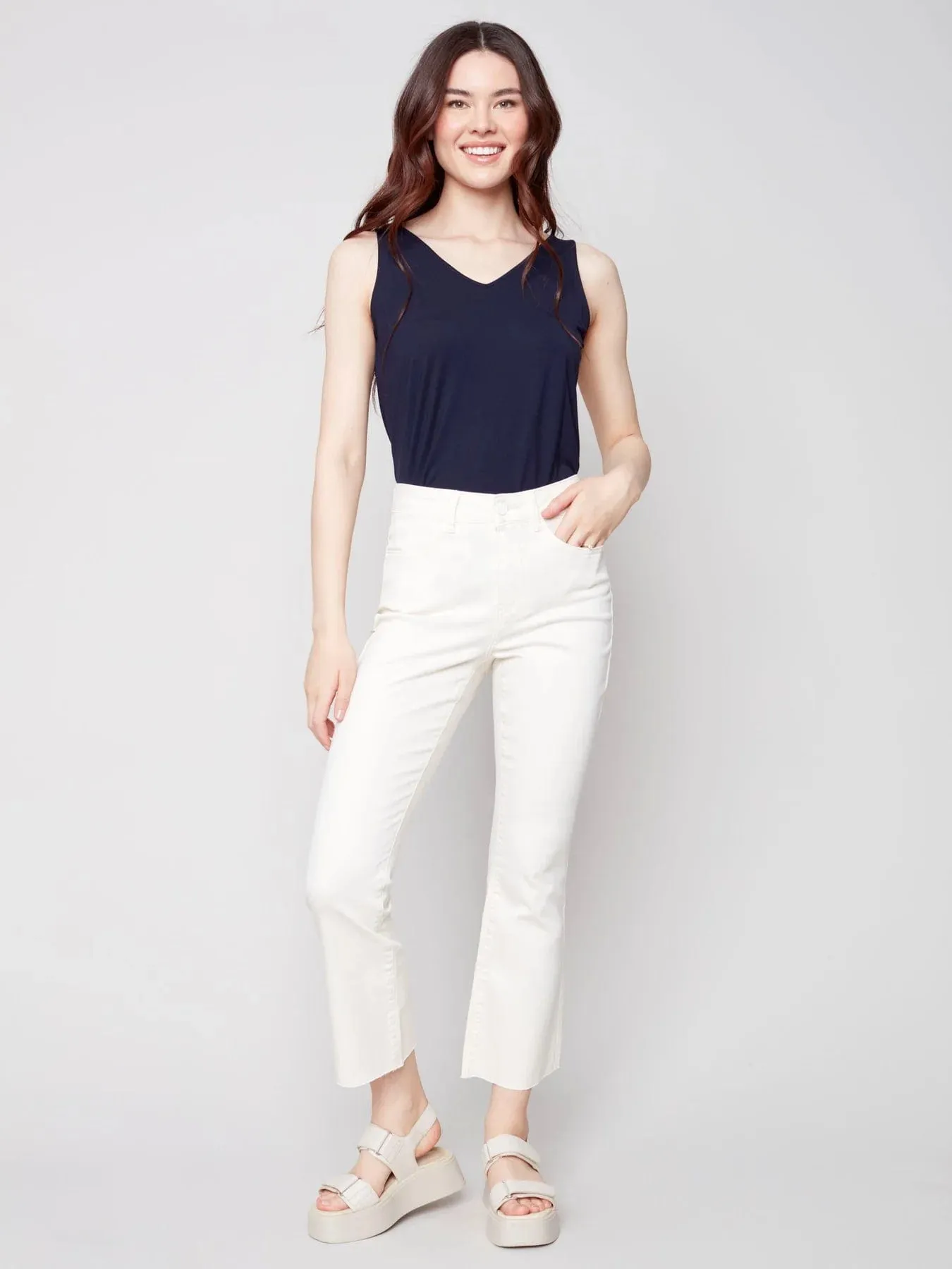 Charlie B Bootcut Twill Pants with Raw Hem Basil - C5403-618A