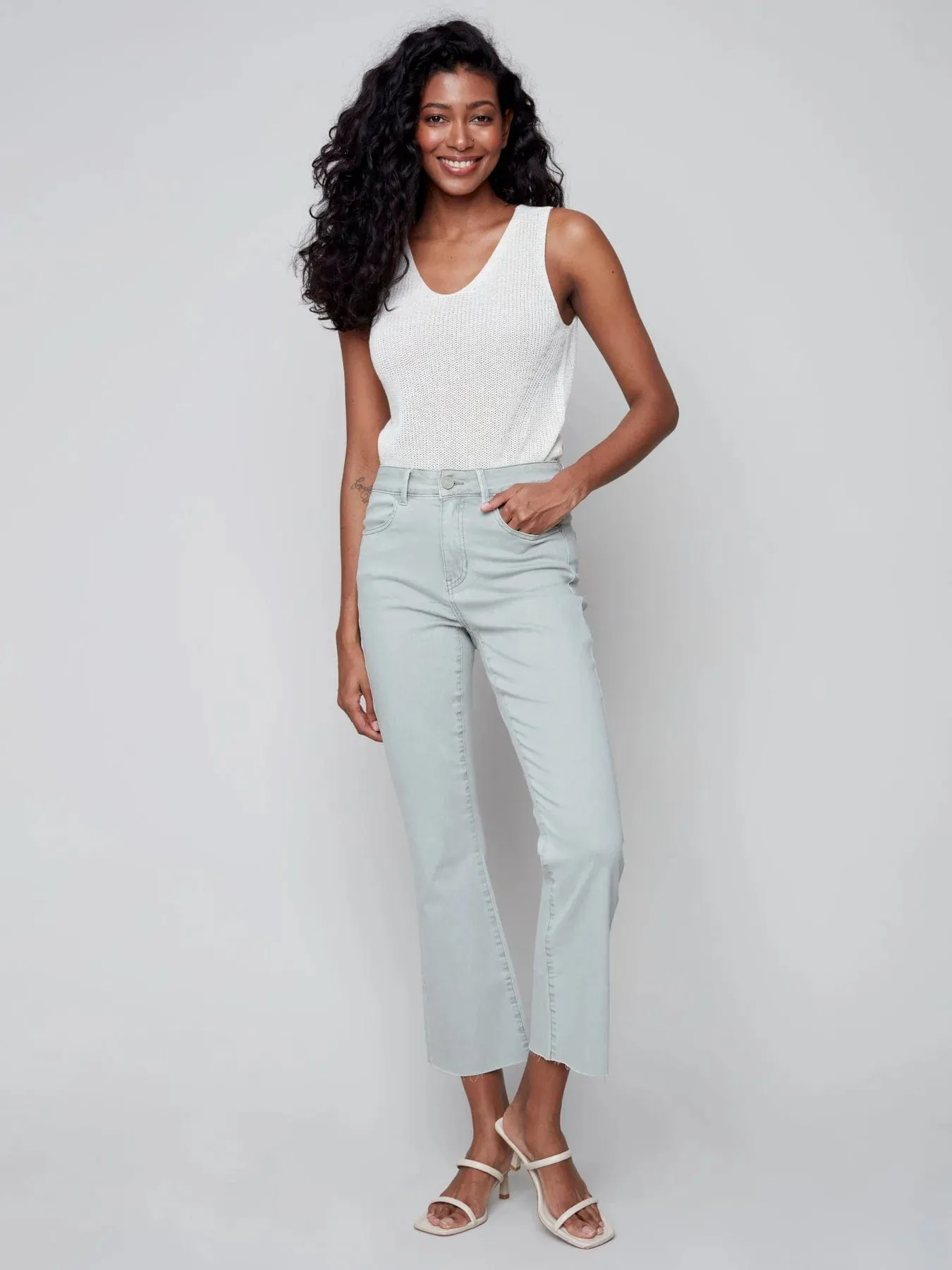 Charlie B Bootcut Twill Pants with Raw Hem Basil - C5403-618A