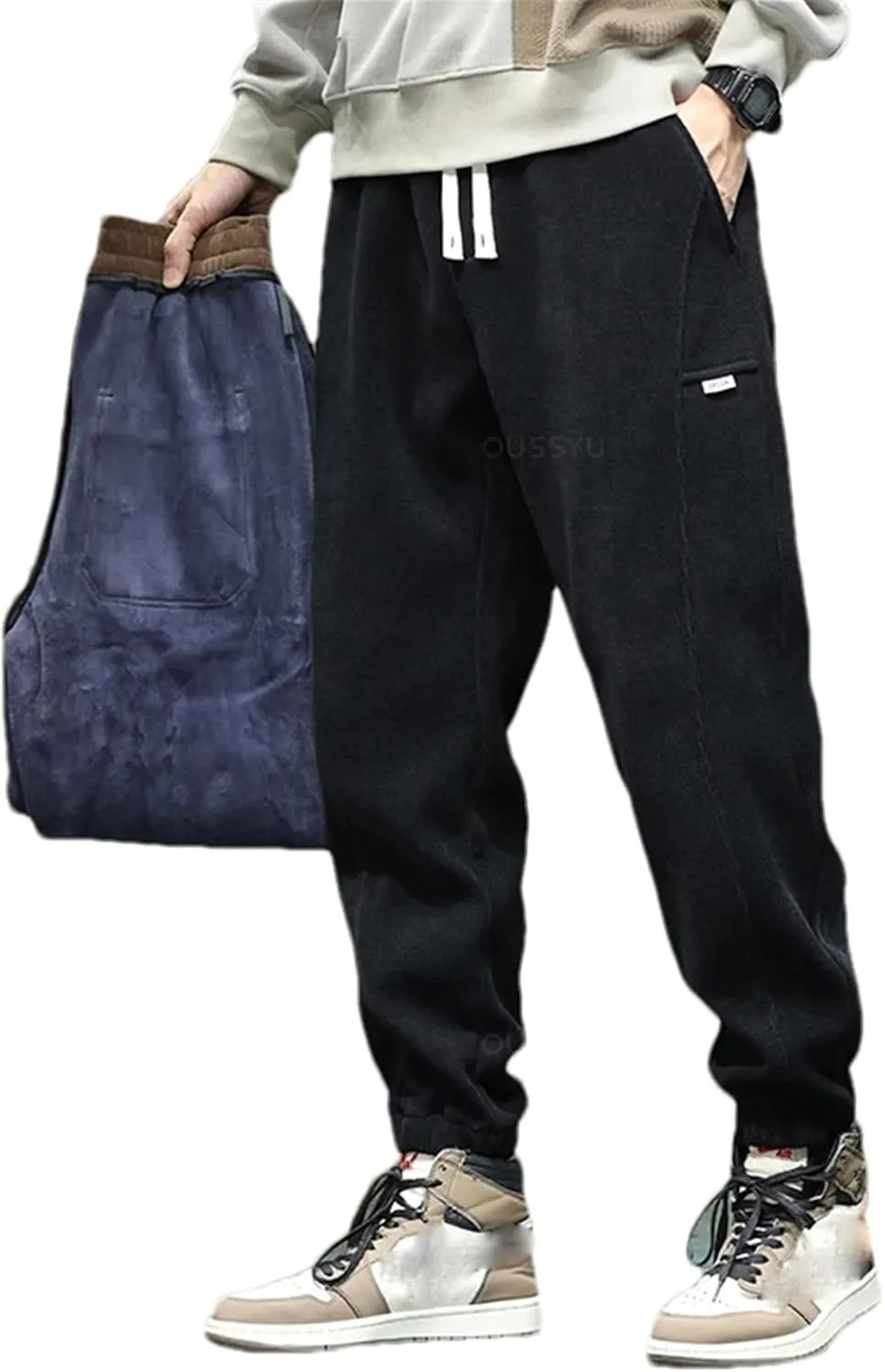 Clothing Winter Fleece Warm Corduroy Fabric Casual Pants Men Stretch Jogging Fleece Flocking Harem Trousers Male