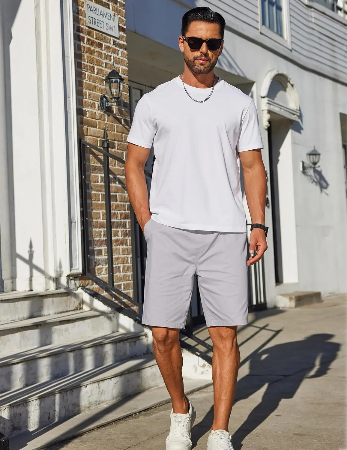 COOFANDY Mens Casual Shorts Cotton Elastic Drawstring Shorts Summer Beach Chino Shorts