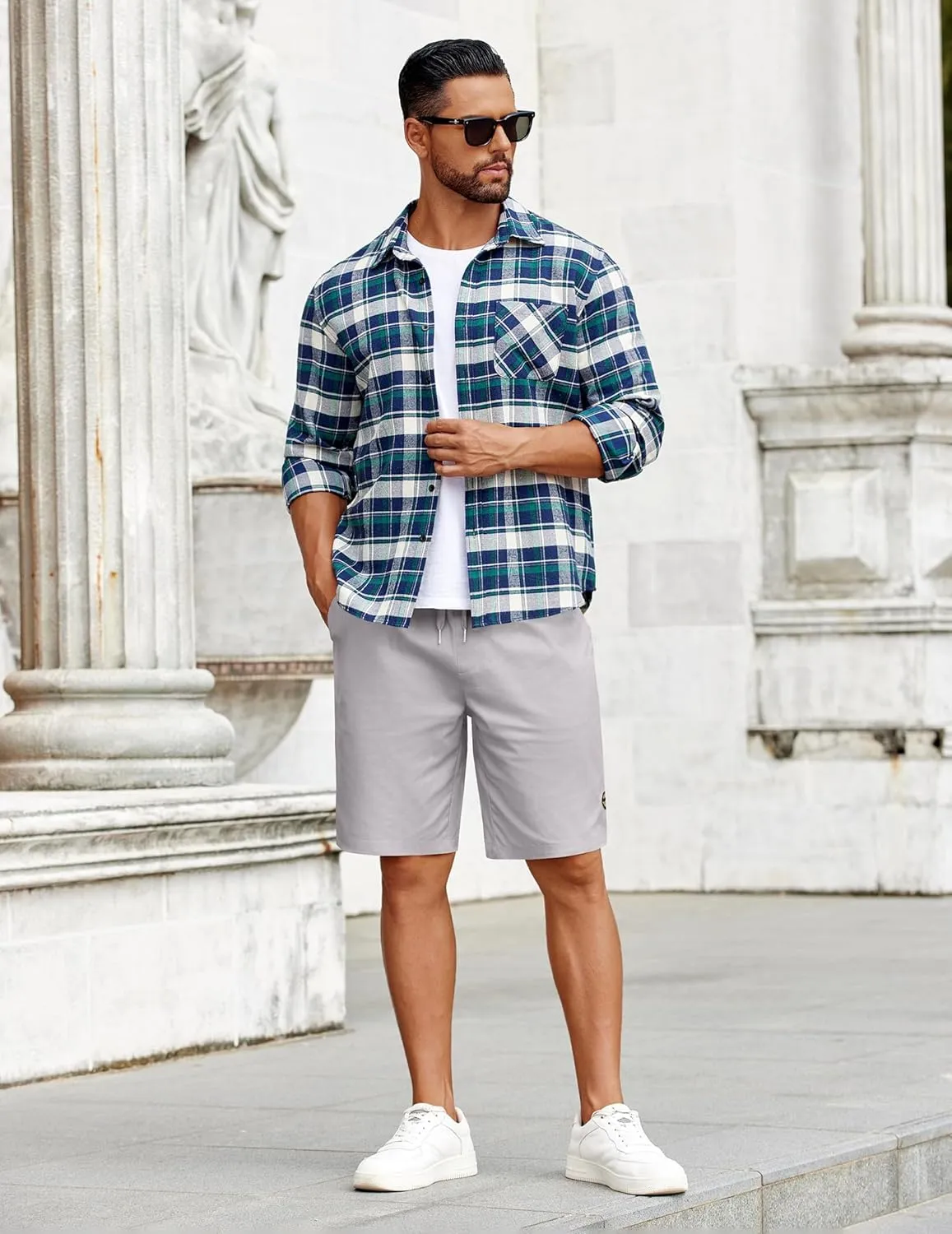 COOFANDY Mens Casual Shorts Cotton Elastic Drawstring Shorts Summer Beach Chino Shorts