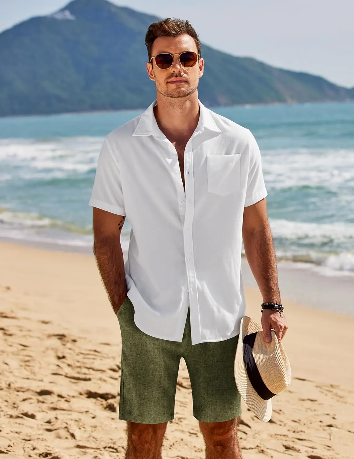 COOFANDY Mens Casual Shorts Elastic Waist Drawstring Shorts Summer Beach Linen Shorts