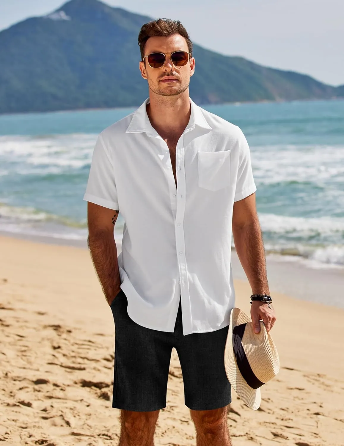 COOFANDY Mens Casual Shorts Elastic Waist Drawstring Shorts Summer Beach Linen Shorts