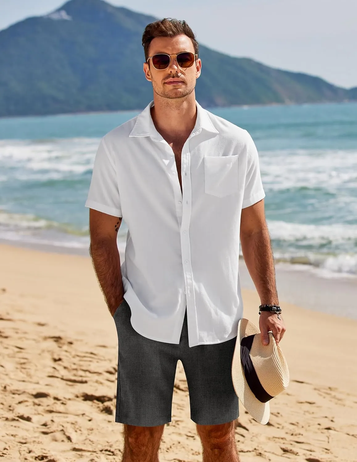 COOFANDY Mens Casual Shorts Elastic Waist Drawstring Shorts Summer Beach Linen Shorts