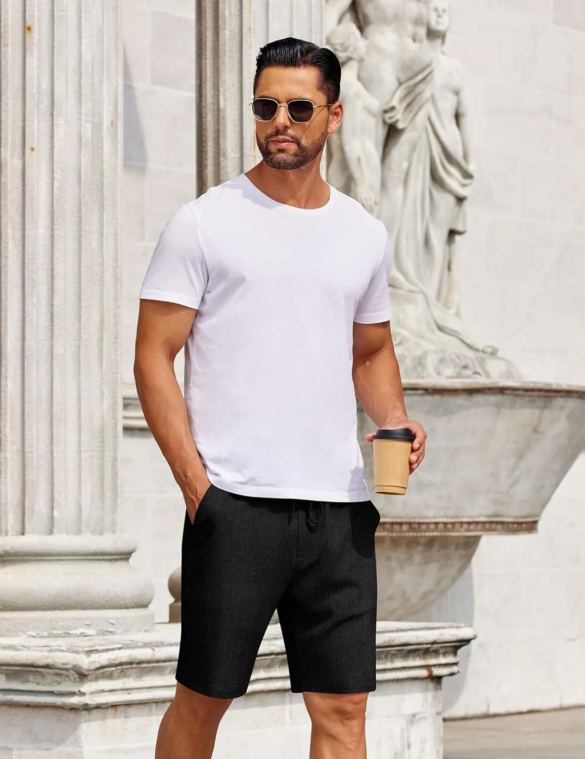 COOFANDY Mens Casual Shorts Elastic Waist Drawstring Shorts Summer Beach Linen Shorts