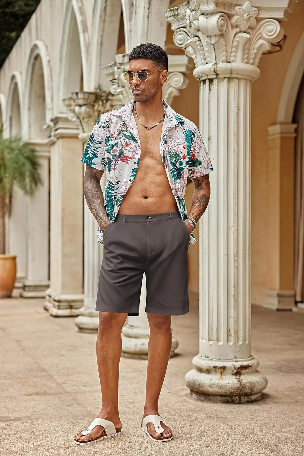 COOFANDY Men's Casual Shorts Linen Flat Front Shorts Elastic Waist Summer Beach Shorts