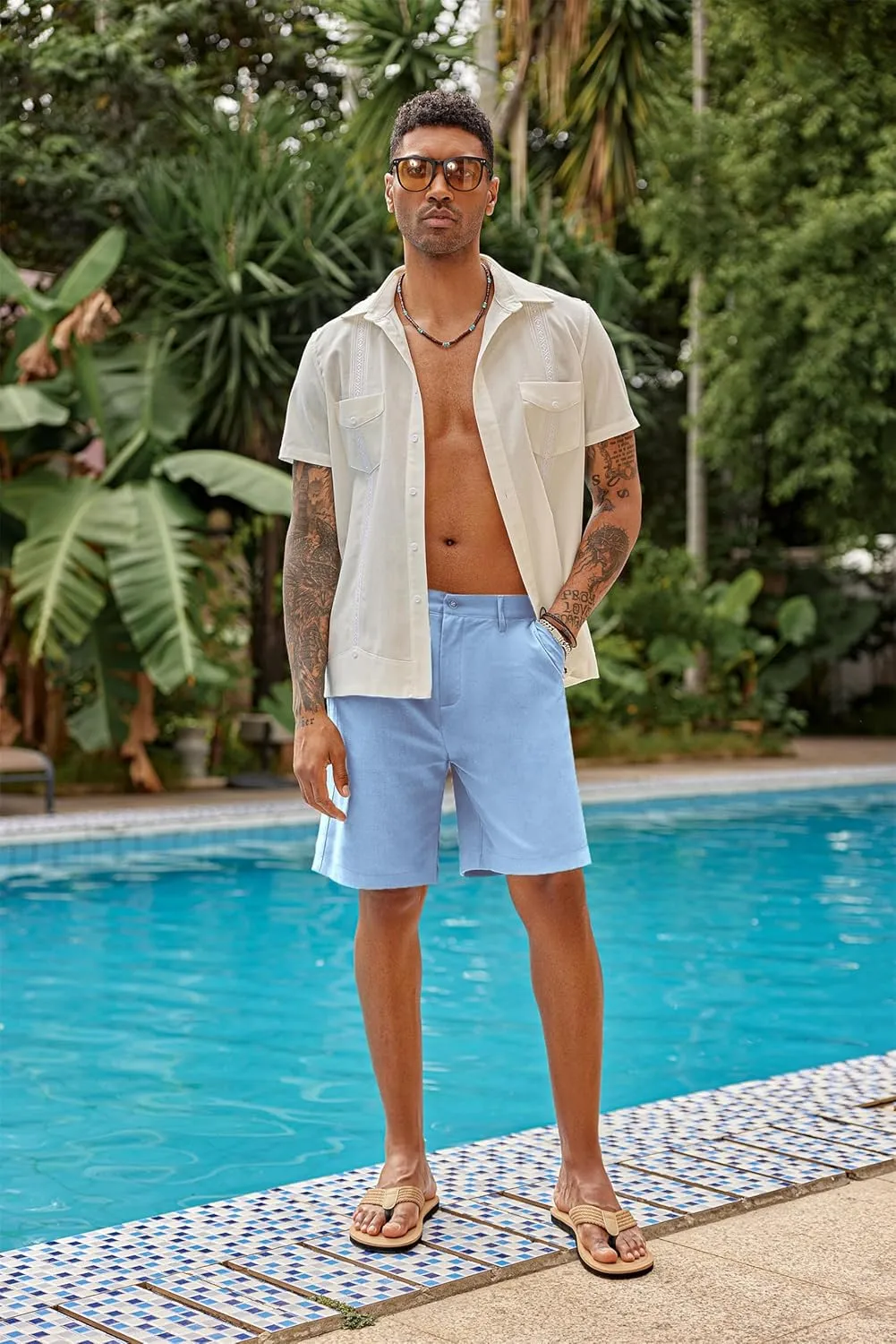 COOFANDY Men's Casual Shorts Linen Flat Front Shorts Elastic Waist Summer Beach Shorts