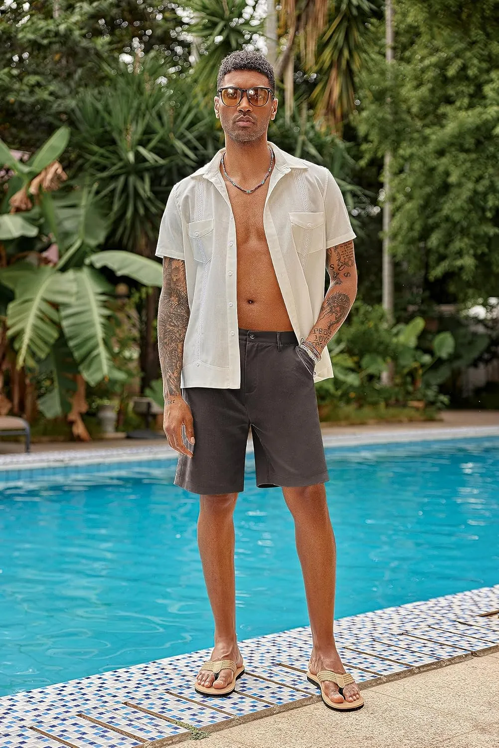 COOFANDY Men's Casual Shorts Linen Flat Front Shorts Elastic Waist Summer Beach Shorts