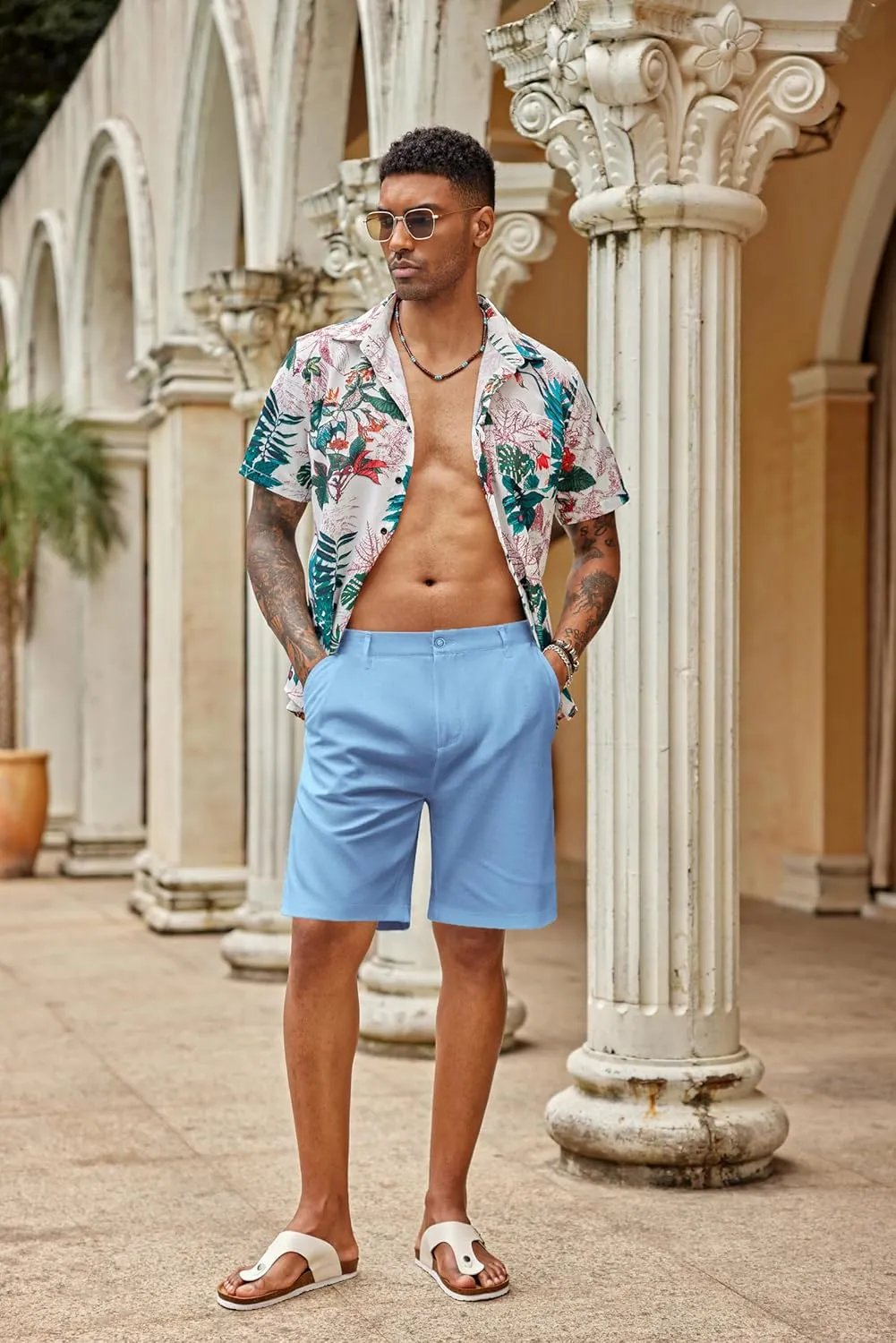 COOFANDY Men's Casual Shorts Linen Flat Front Shorts Elastic Waist Summer Beach Shorts