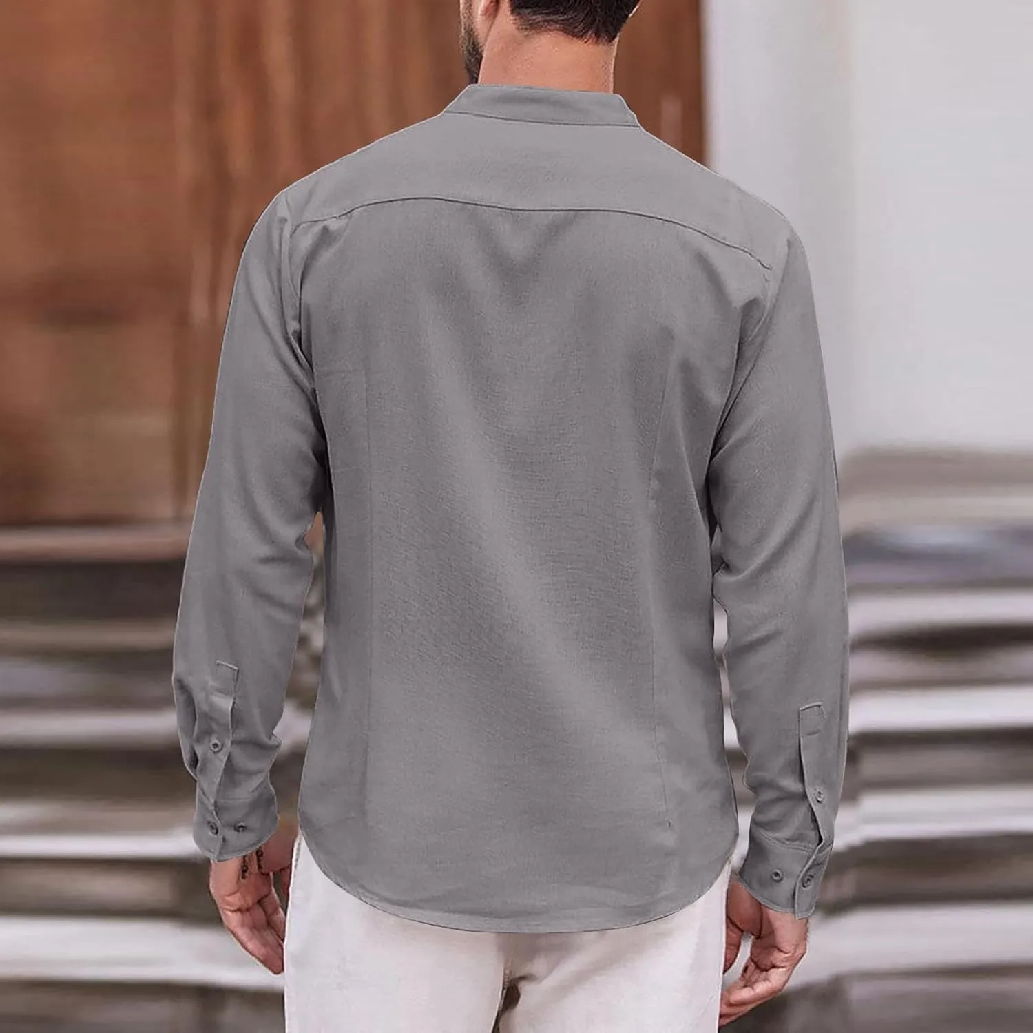 Cotton Linen Shirt for Men Long Sleeve Mandarin Collar Button Down Shirt Lightweight Breathable Beach Tops