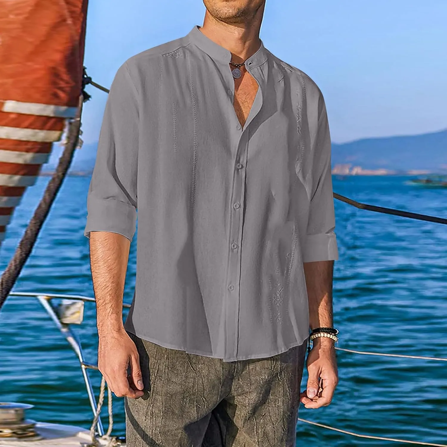 Cotton Linen Shirt for Men Long Sleeve Mandarin Collar Button Down Shirt Lightweight Breathable Beach Tops