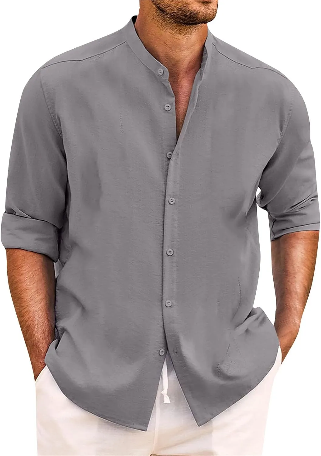 Cotton Linen Shirt for Men Long Sleeve Mandarin Collar Button Down Shirt Lightweight Breathable Beach Tops