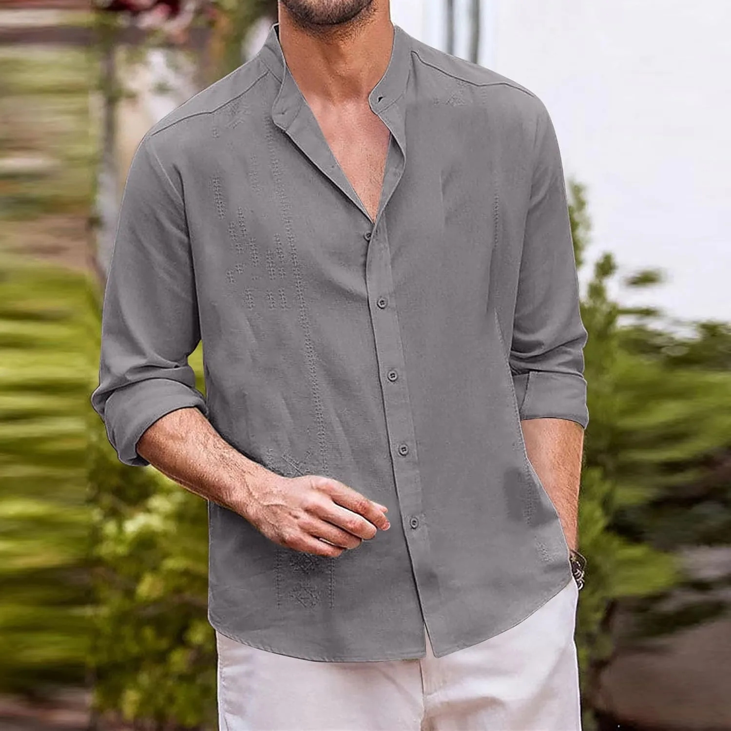 Cotton Linen Shirt for Men Long Sleeve Mandarin Collar Button Down Shirt Lightweight Breathable Beach Tops