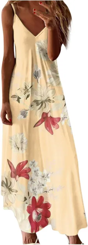 Deals of The Day Clearance Women's Summer Spaghetti Strap Elegant Long Dresses Plus Size Vacation Flowy Beach Dress Loose Floor Length Dress Elegant Dresses for Women Beige S