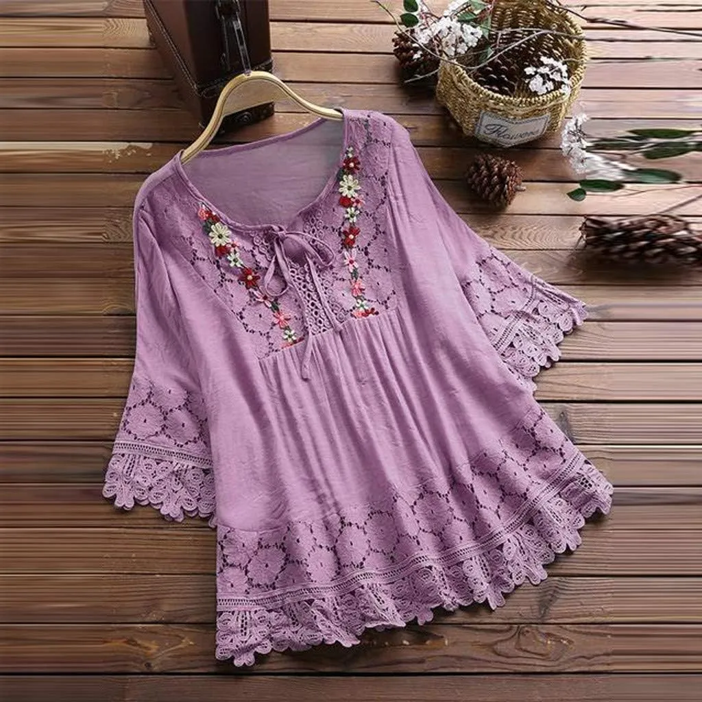 Dgoopd 3/4 Length Sleeve Womens Tops Oversized Cotton Tee Shirts Embroidered Floral Lace V Neck T-Shirt Summer Trendy Blouses